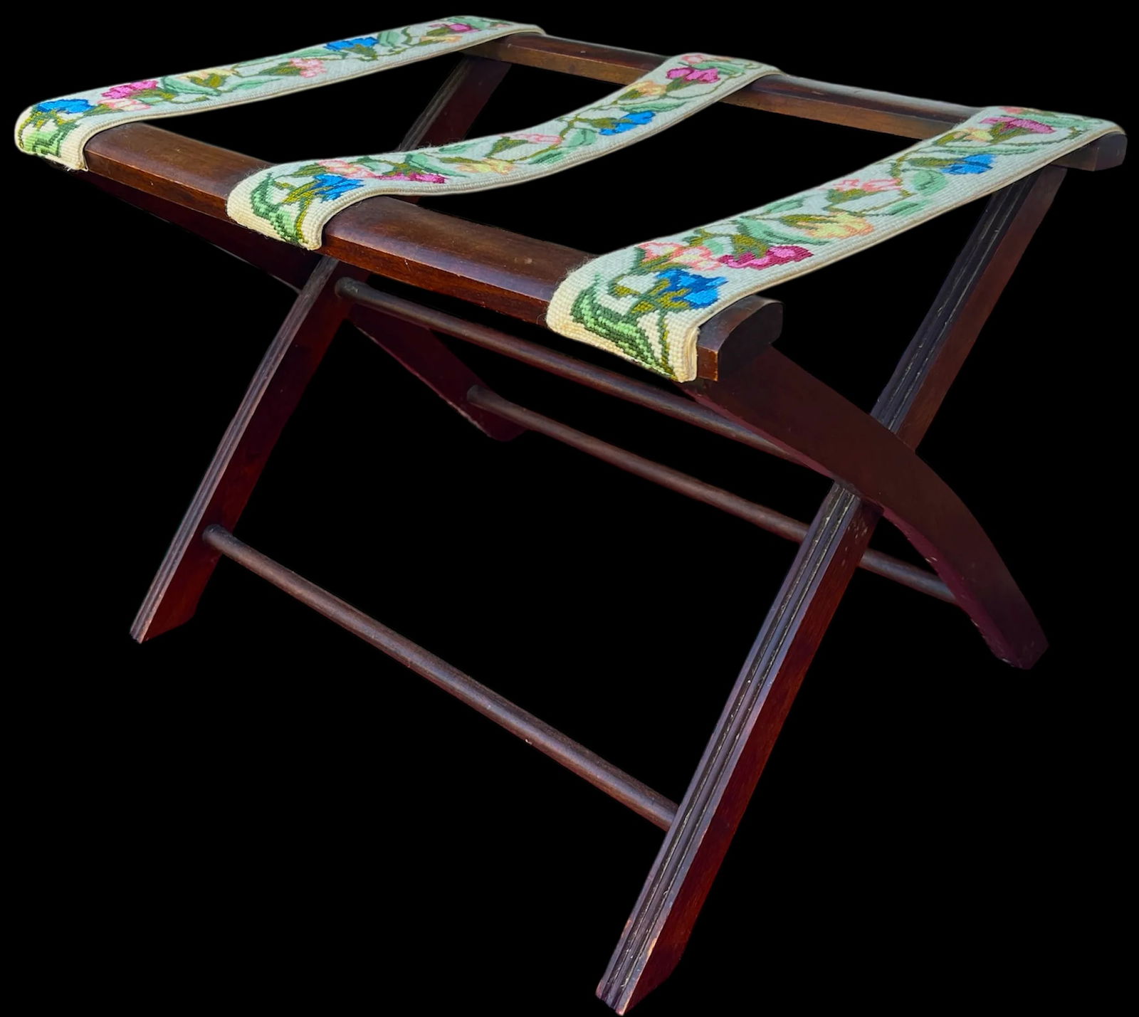 Vintage Folding Luggage Rack With Floral Needlepoint Straps - 4