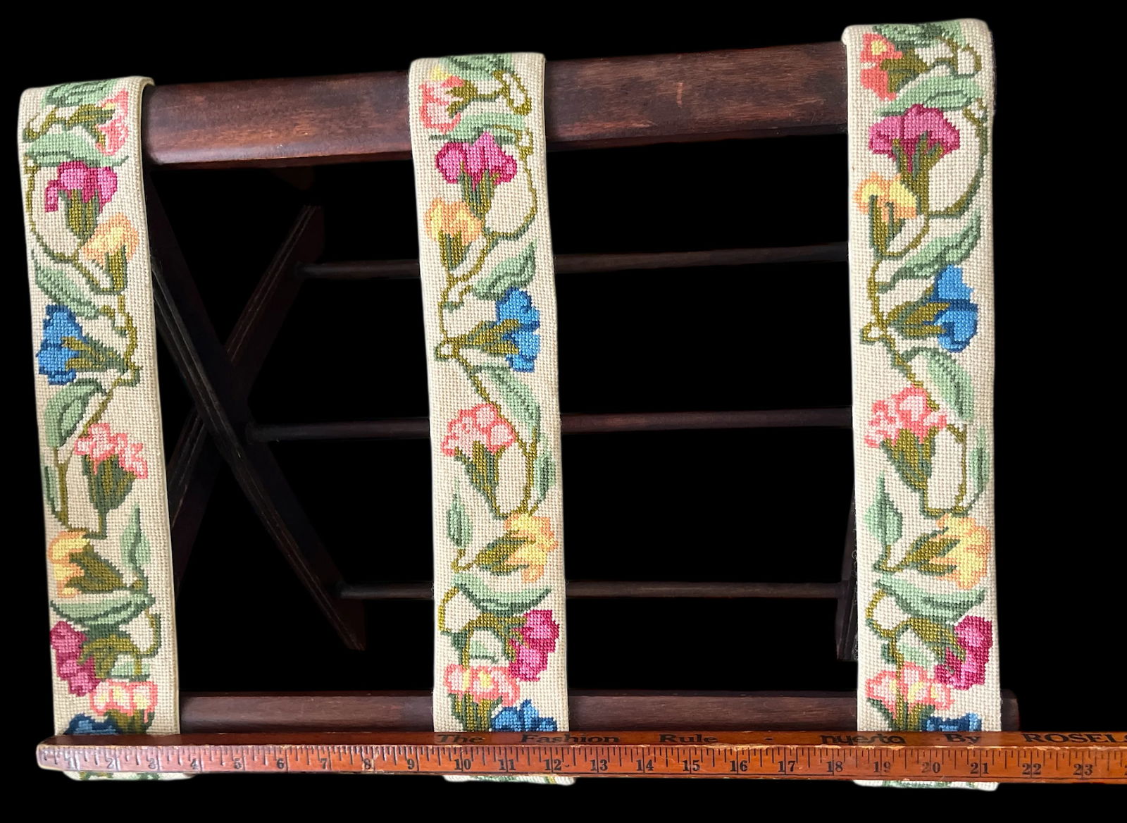 Vintage Folding Luggage Rack With Floral Needlepoint Straps - 5