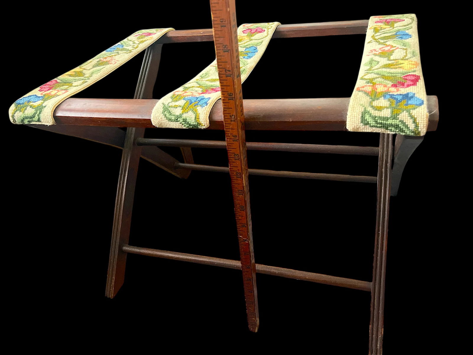Vintage Folding Luggage Rack With Floral Needlepoint Straps - 6