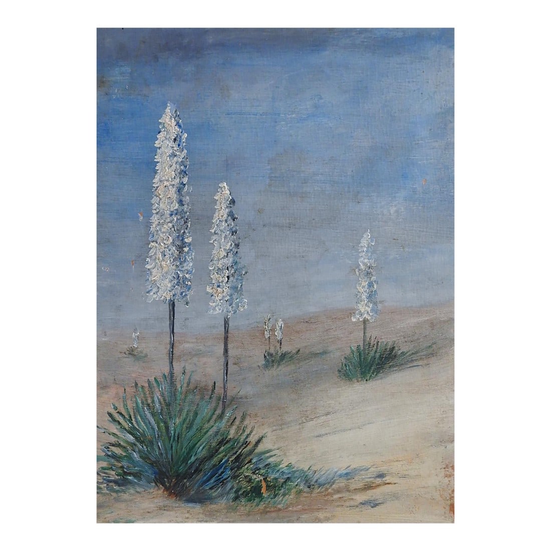 Early 20th Century Desert Yucca Landscape Painting: Early 20th century oil on artist board painting of desert landscape with yucca plants. Unsigned. Unframed, edge wear, some age darkening, scattered small spots of paint loss. Condition: