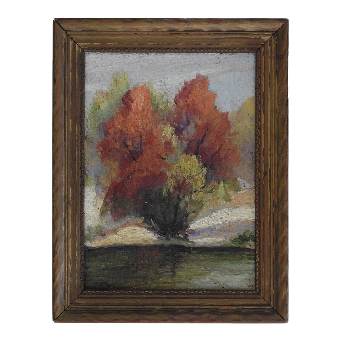 Small Early 20th Century Plein Air Riverside Landscape Painting: Small early 20th century oil on canvas board plein air landscape painting of autumn trees at the riverside. Unsigned. Displayed in giltwood period frame, opening size 5.5" x 7.5", scuffing to frame, s