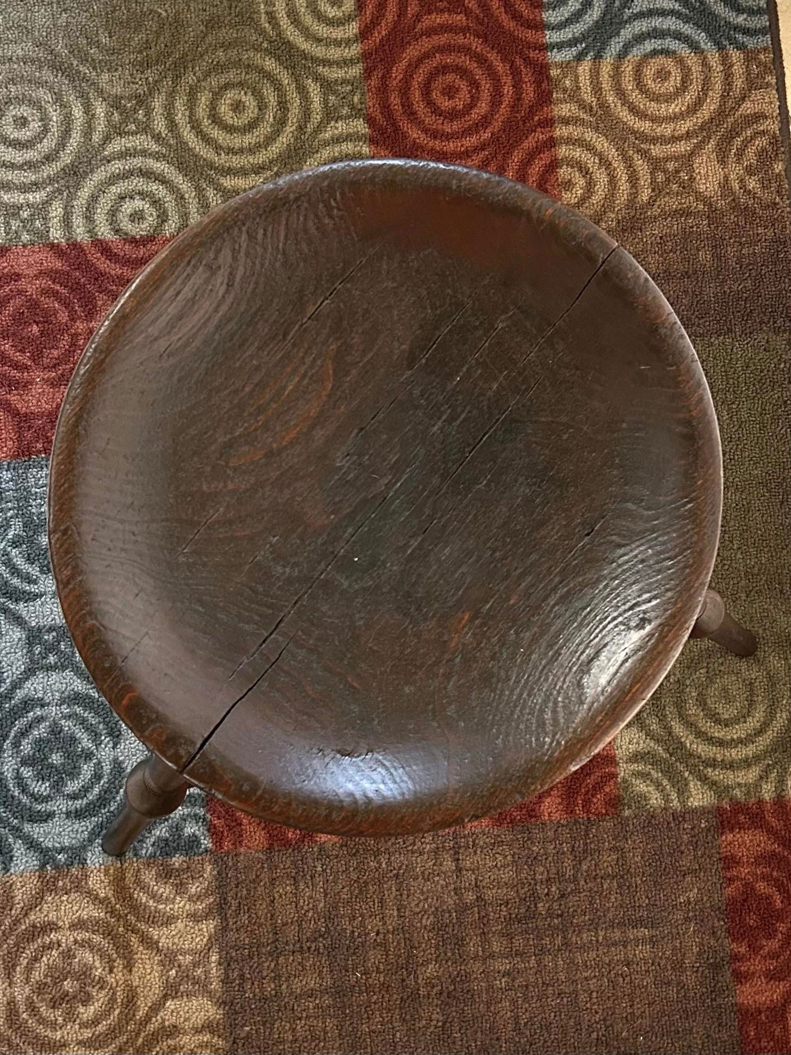 Antique, Turned Wood, Windsor Dairy Stool With a Solid Elm Wood, Saddle/Dished Seat, Two Stretchers - 10