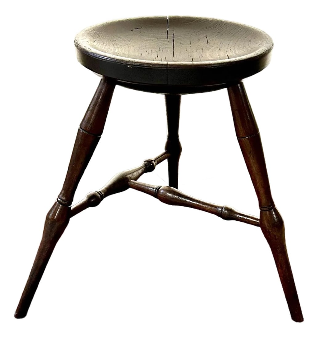 Antique, Turned Wood, Windsor Dairy Stool With a Solid Elm Wood, Saddle/Dished Seat, Two Stretchers (1 of 11)