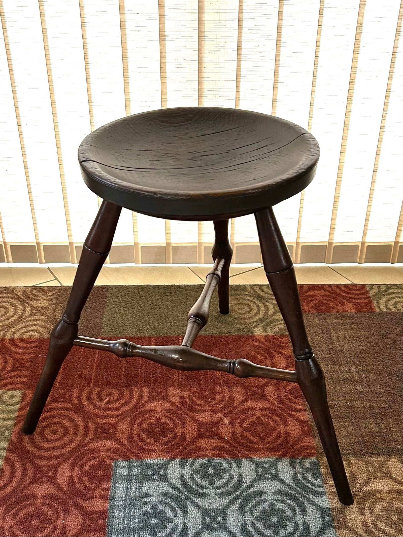 Antique, Turned Wood, Windsor Dairy Stool With a Solid Elm Wood, Saddle/Dished Seat, Two Stretchers - 2