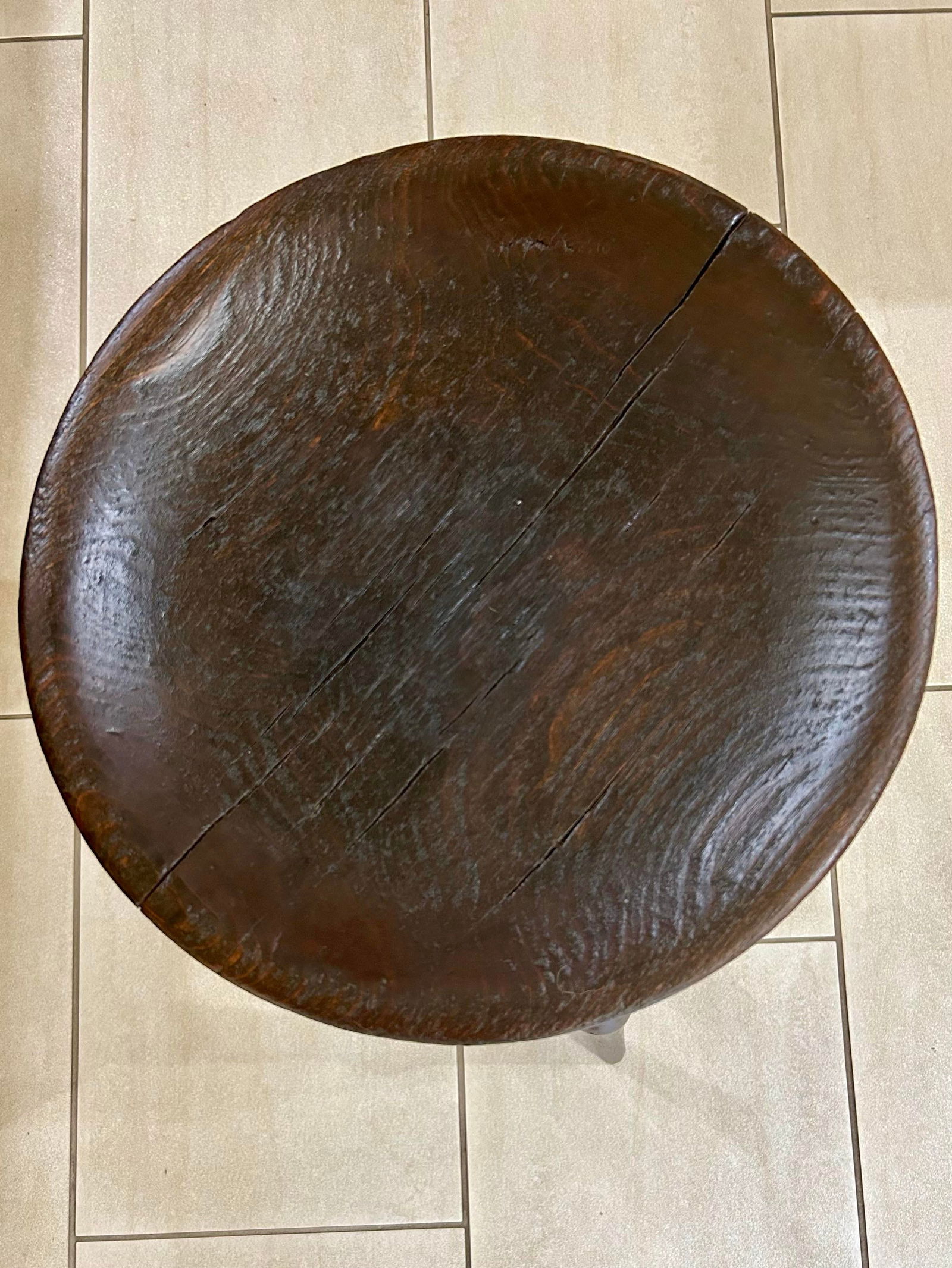 Antique, Turned Wood, Windsor Dairy Stool With a Solid Elm Wood, Saddle/Dished Seat, Two Stretchers - 3