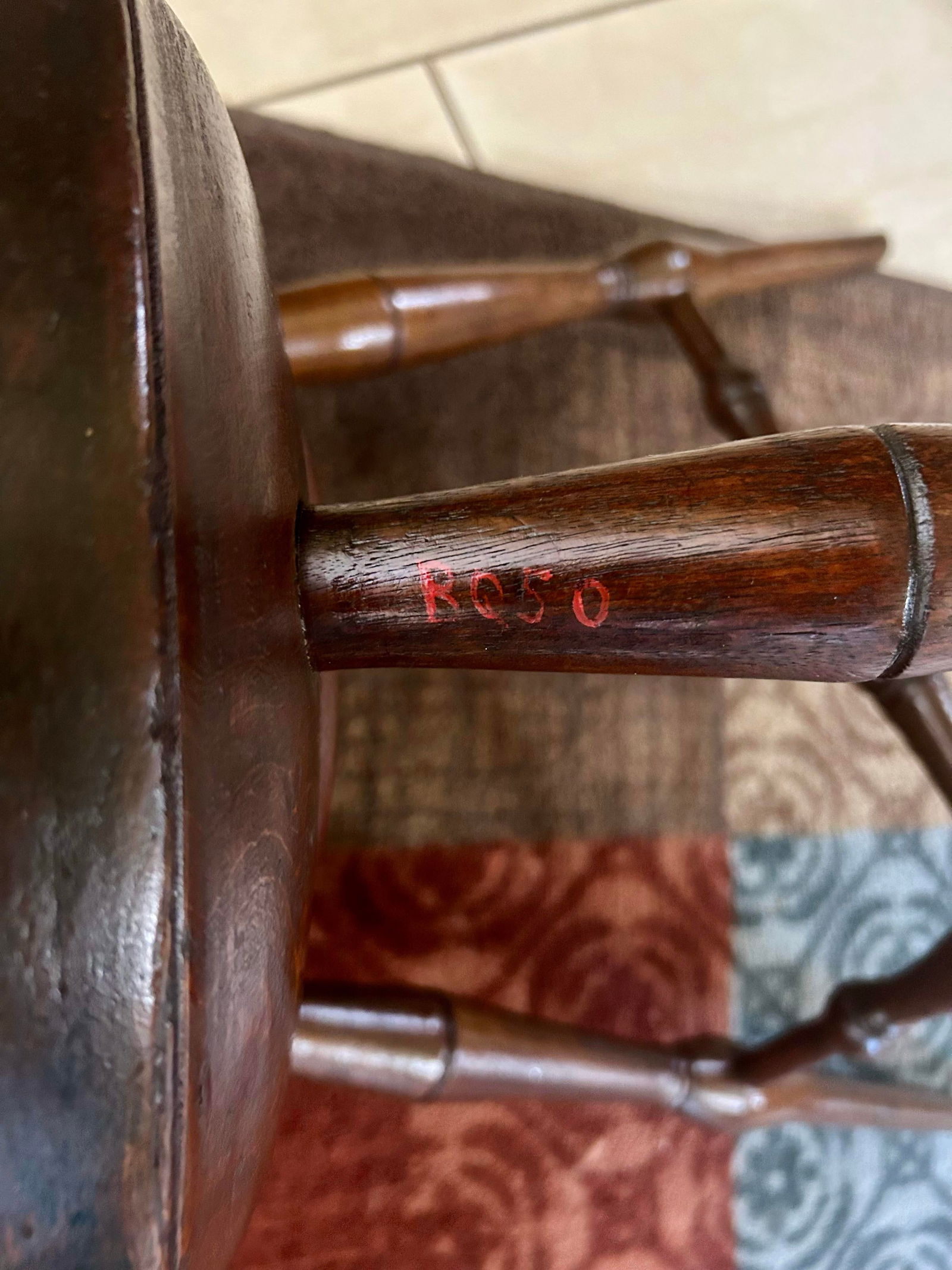 Antique, Turned Wood, Windsor Dairy Stool With a Solid Elm Wood, Saddle/Dished Seat, Two Stretchers - 5