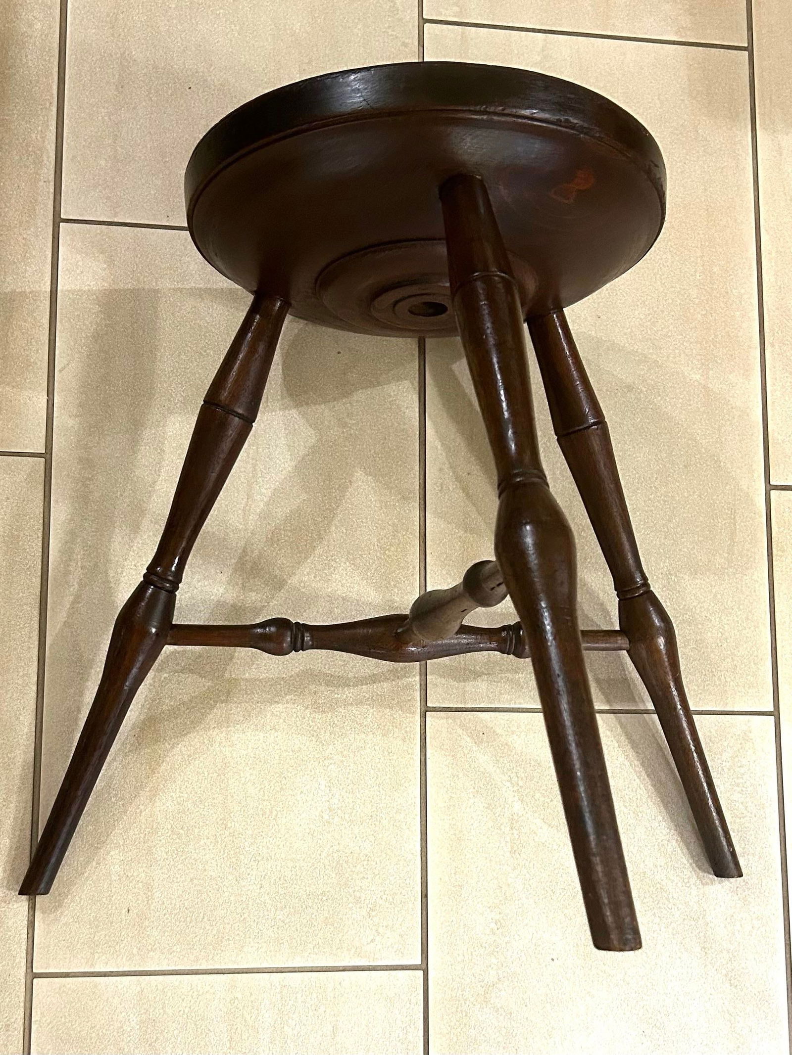 Antique, Turned Wood, Windsor Dairy Stool With a Solid Elm Wood, Saddle/Dished Seat, Two Stretchers - 6