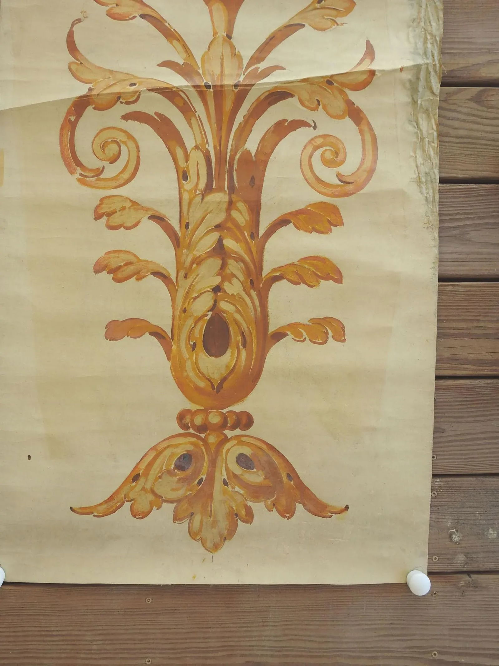 Vintage Distressed Ochre Renaissance Motif Painting - 2