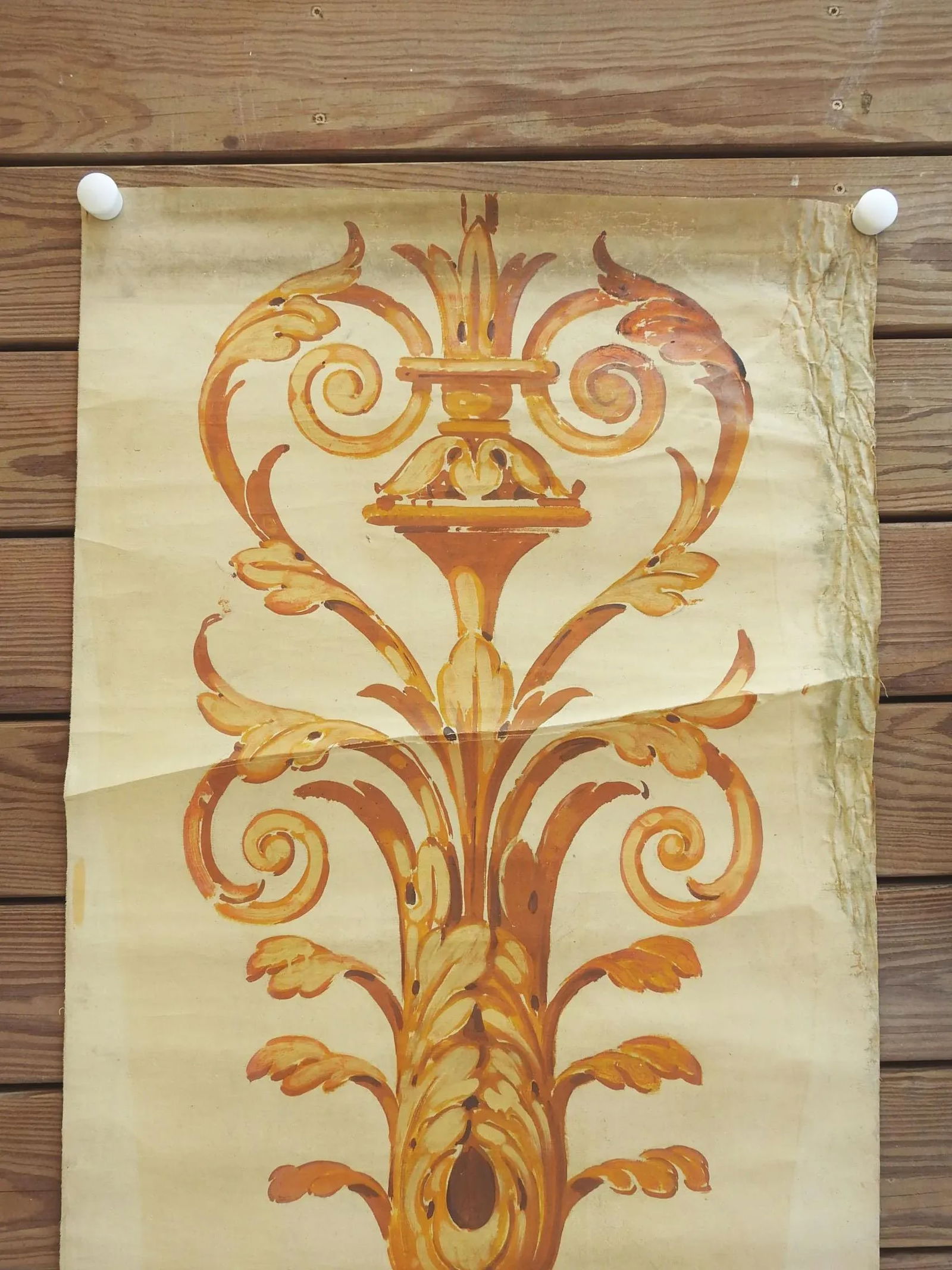 Vintage Distressed Ochre Renaissance Motif Painting - 3