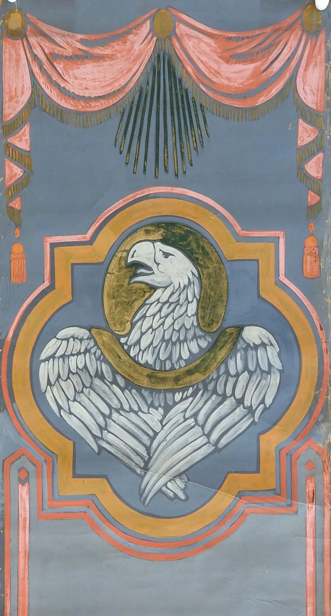 Vintage Distressed St. John Eagle Quadrefoil Painting: Vintage oil on canvas painting of Eagle of St. John by Geneva Flores Hart Fell (1906 - 2008) Texas. Blue, pink and gold eagle set inside quadrefoil with swags at top on flat canvas, likely for
