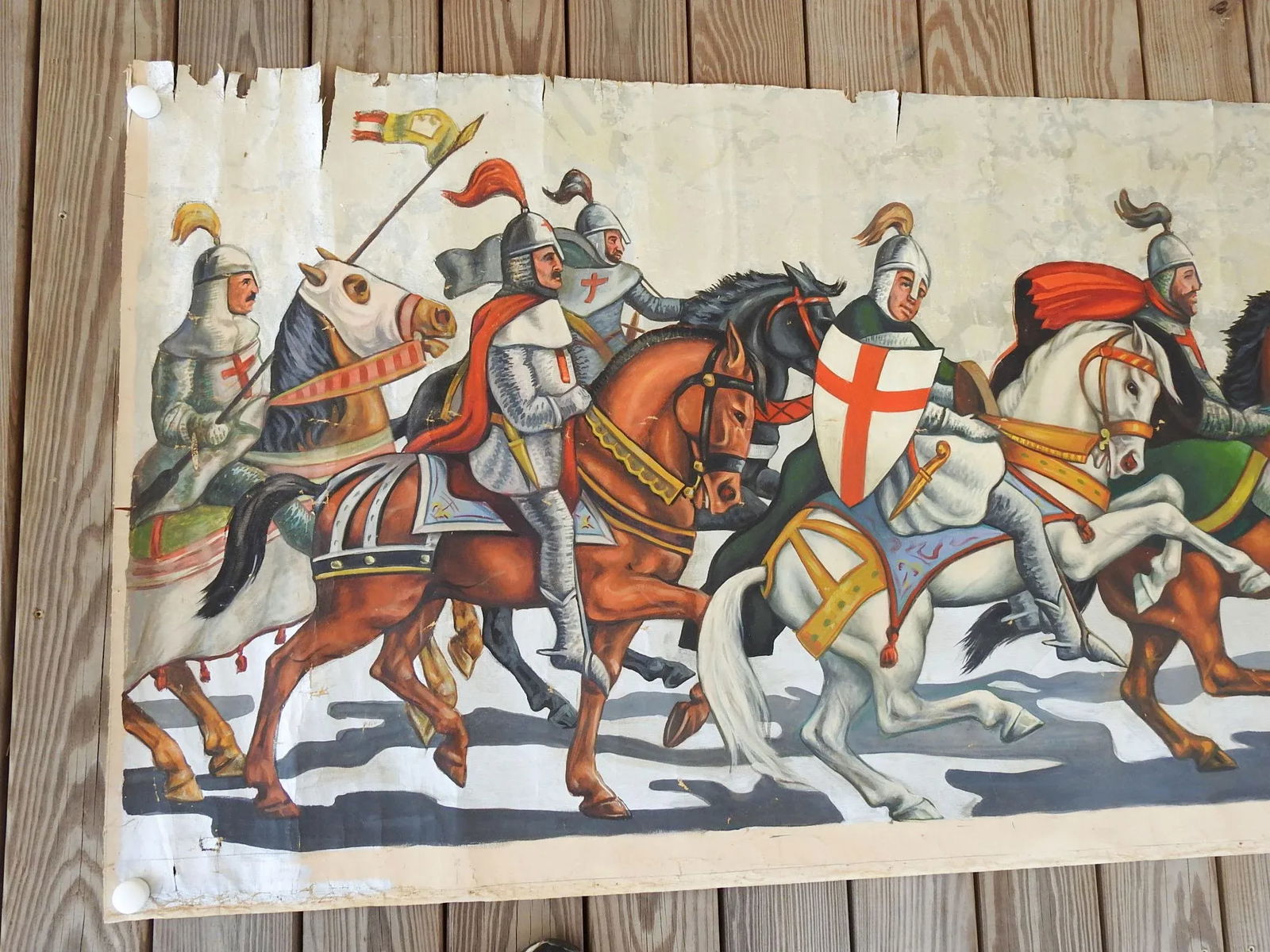 Vintage Mid Century Knights & Horses Procession Mural Painting - 2