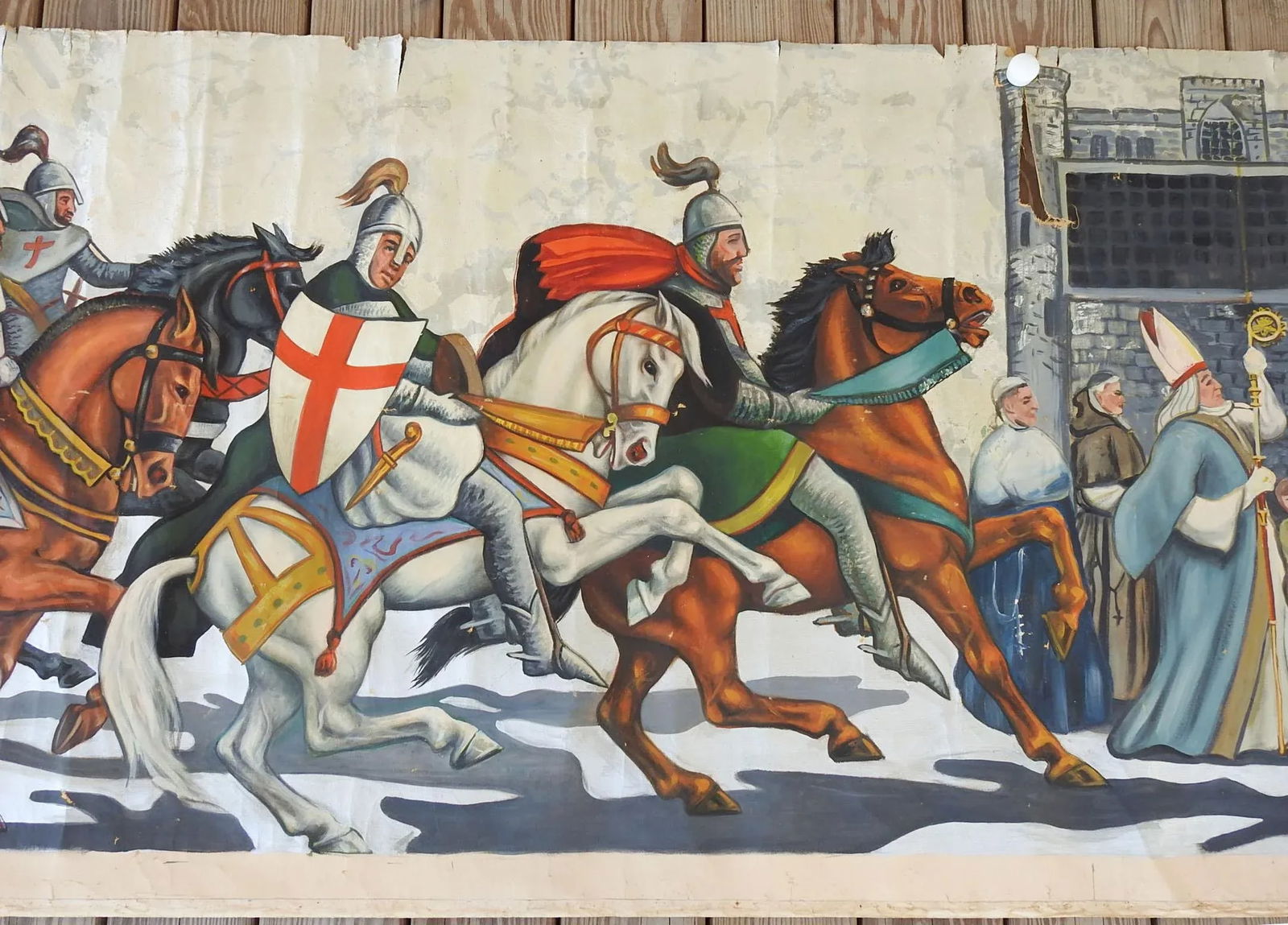 Vintage Mid Century Knights & Horses Procession Mural Painting - 3
