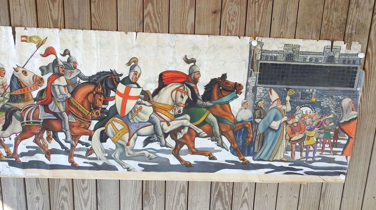 Vintage Mid Century Knights & Horses Procession Mural Painting - 5