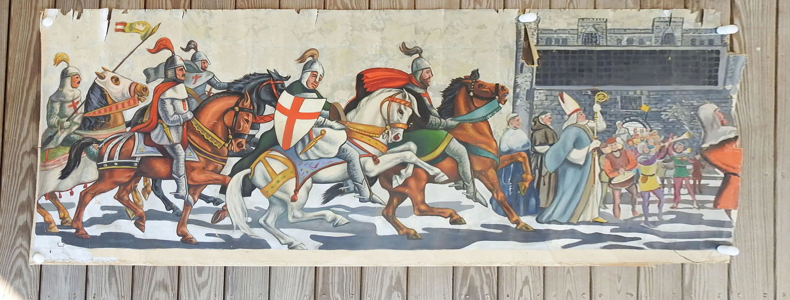 Vintage Mid Century Knights & Horses Procession Mural Painting - 6