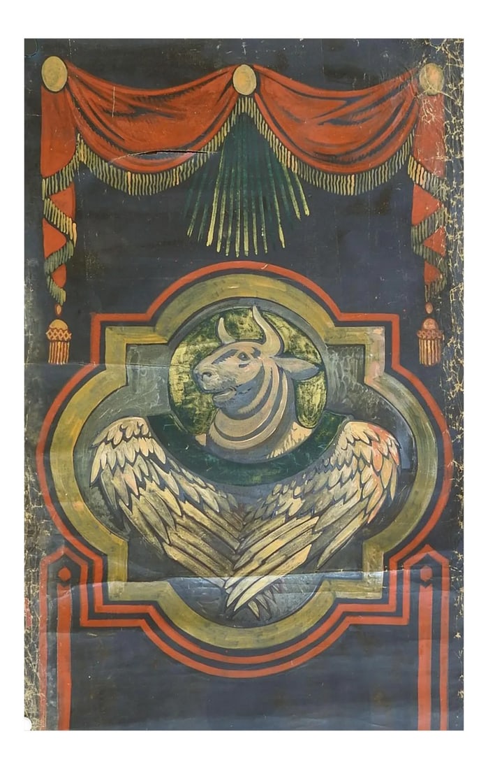 Vintage Distressed St. Luke Winged Ox Bull Quadrefoil Painting: Vintage oil on canvas painting of the winged ox or bull of St. Luke by Geneva Flores Hart Fell (1906 - 2008) Texas. Black, dark terracotta and gold ox set inside quadrefoil with swags at top on