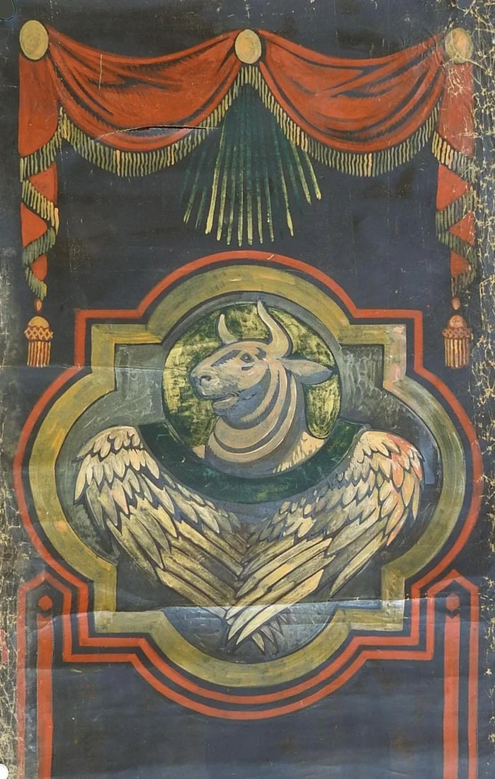 Vintage Distressed St. Luke Winged Ox Bull Quadrefoil Painting - 6