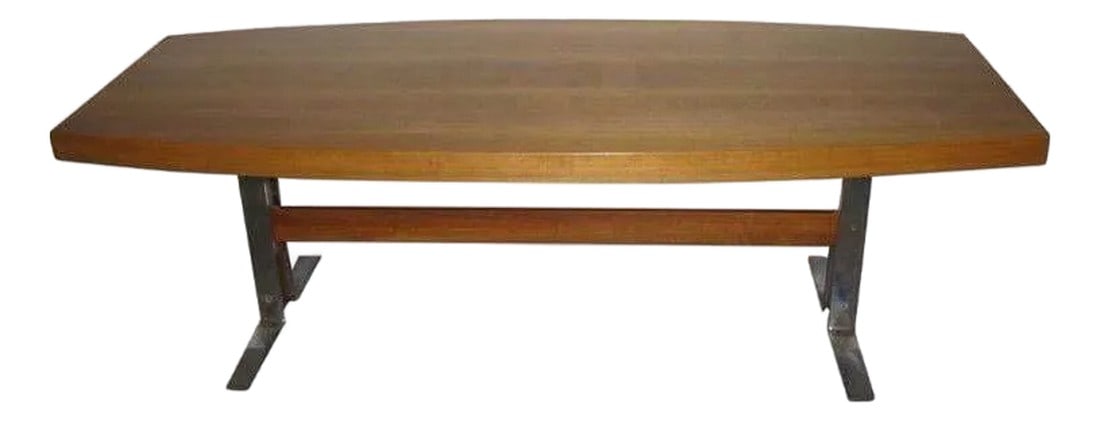 Vintage Swedish Mid-Century Modern Teak Coffee Table With Chrome Base: Vintage Mid-Century Swedish Modern coffee table crafted of rich light teak on a chrome base. Note the pull-out laminate shelf on one side. Very heavy and in very good condition. Dated 1961. 
