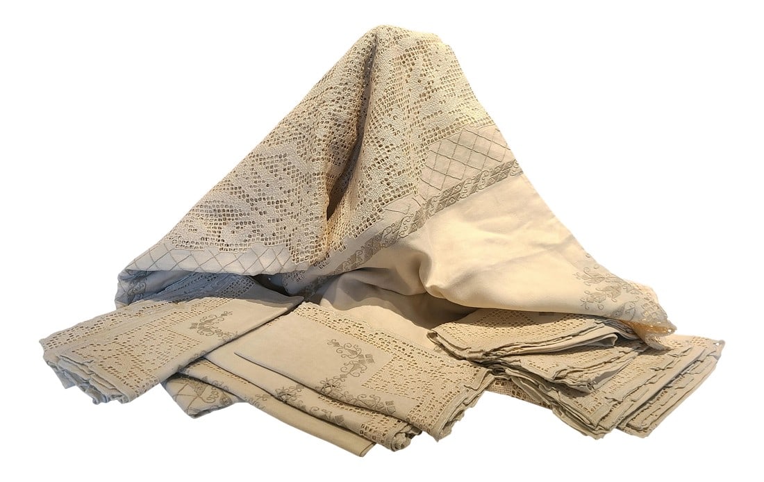 Antique Early 20th Century Linen Tablecloth With Matching Napkins - 13 Pieces: Never used antique in perfect condition. Beige color with starburst crochet and embroidery designs. Table Cloth measures 104 x 64 inches. Condition: Alterations: Original Condition Unaltered
