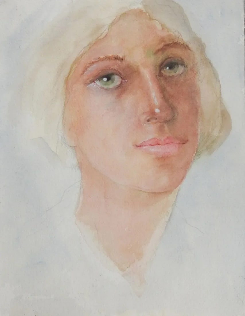 Late 20th Century Portrait Green Eyed Woman Watercolor Painting - 3