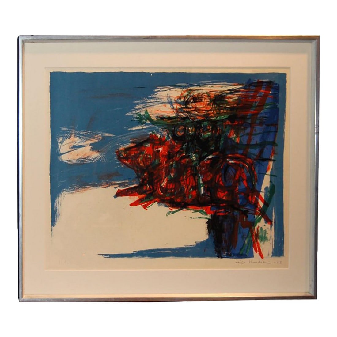 Leif Knudsen Swedish Mid-Century Modern Framed Abstract Lithograph Circa 1962: Modern abstract lithograph by Swedish artist Leif Knudsen (1928-1975). Signed and dated. Framed under glass. Framed Size: 28 1/4"W x 22 1/8"H Image Size: 21 1/2"W x 15 1/4"H Leif Knudsen 1918-1975 