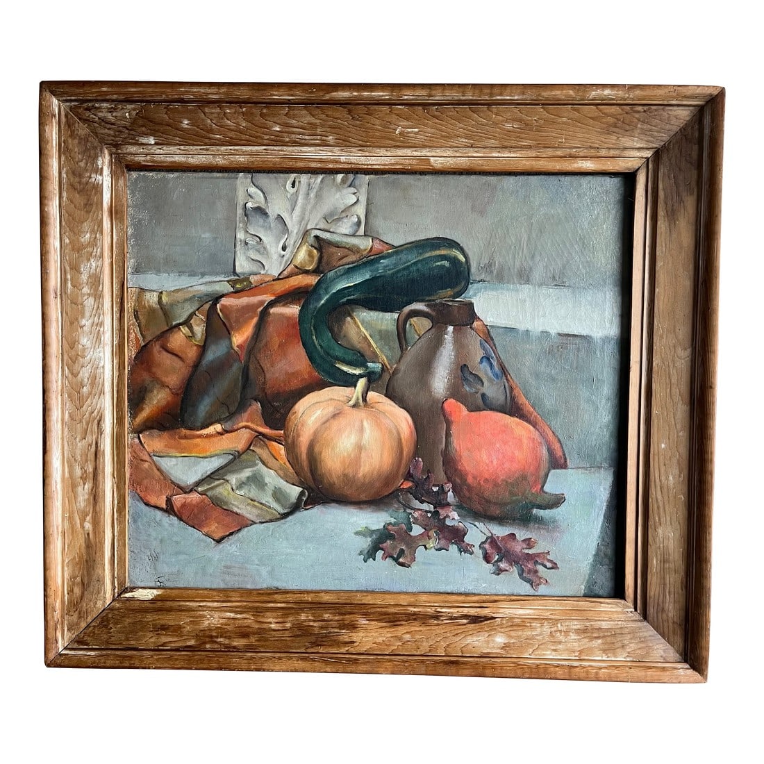 1940's Oil on Canvas"Autumn Still Life"-Antique Frame: This wonderful original oil on canvas still life features gourds, draped fabric and an acanthus architectural element. Classic composition, beautifully painted by Elizabeth Ferzacca (1920-2011), in