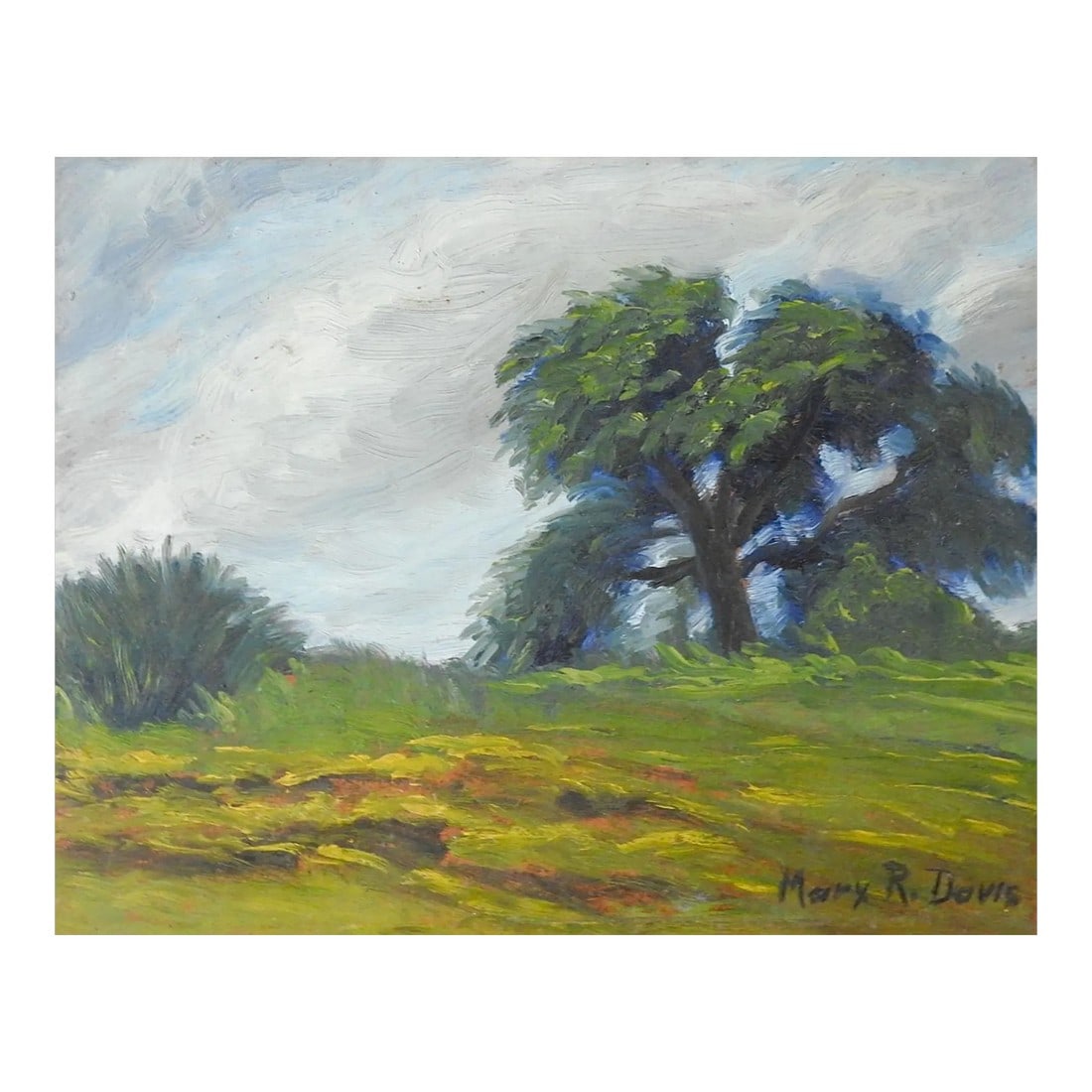 Mid 20th Century Impressionist Landscape Lone Oak Tree Painting: Mid 20th century oil on masonite impressionist landscape painting with lone oak tree. Signed Mary R. Davis lower right. Unframed, edge and corner wear. Condition: Alterations: Original Condition