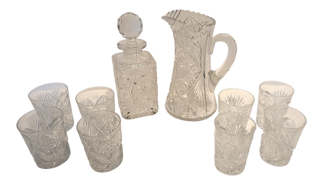 Vintage Late 20th Century Czech Bohemian Queens Lace Bar Set - 10 Pieces: 24% lead crystal decanter, pitcher, and eight whisky glasses in mint condition. No cracks, no scratches, no chips. Decanter 10 1/2" x 3 7/8 square. Pitcher 10" x 5 1/2 and 7" from spout to handle.