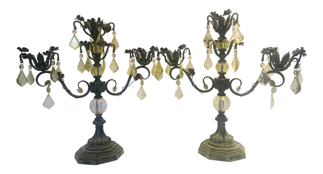 Late 20th Century Shabby Chic Candelabras with Yellow Crystals - a Pair: Beautiful one of a kind set of "shabby chic" candelabras with green-tint metal with yellow crystal accents. Each measures 18.5 x 18.5 x 6" deep, holds 6 candles (total 12 candles on 2 candelabras),
