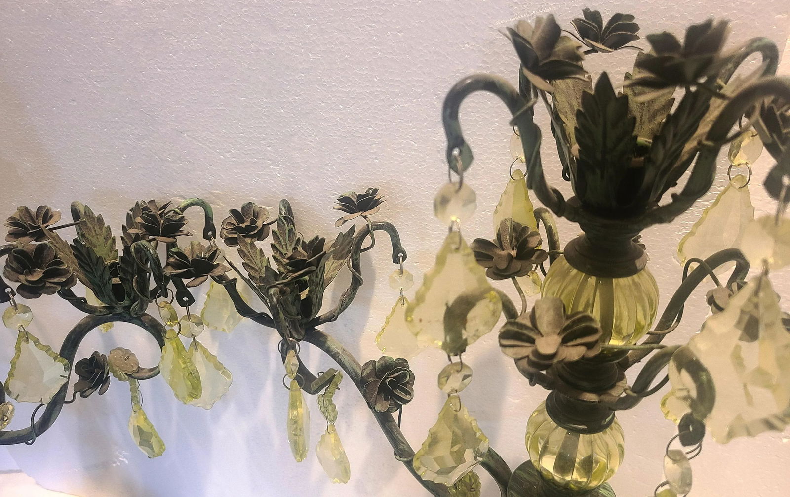 Late 20th Century Shabby Chic Candelabras with Yellow Crystals - a Pair - 3