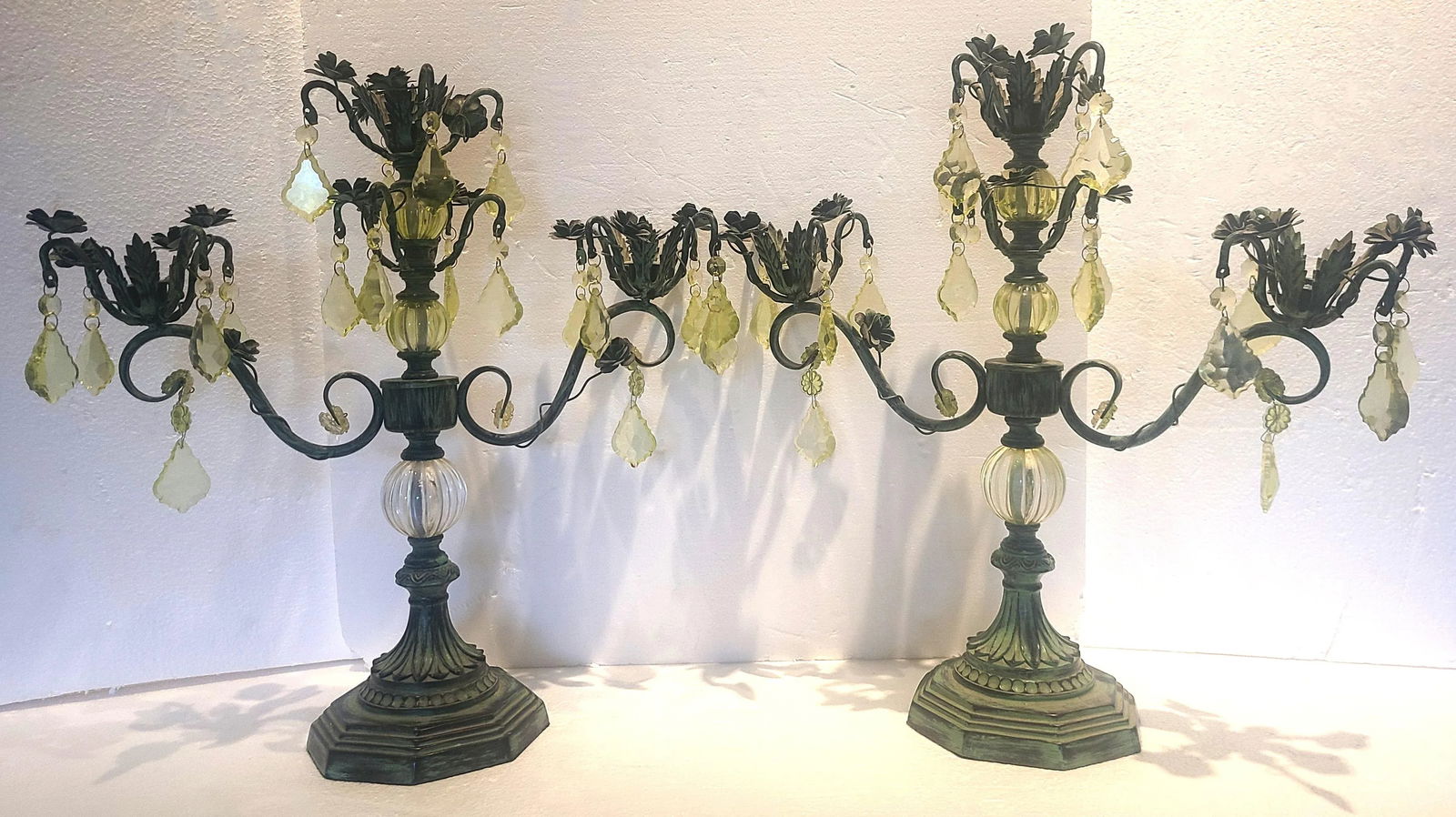 Late 20th Century Shabby Chic Candelabras with Yellow Crystals - a Pair - 6