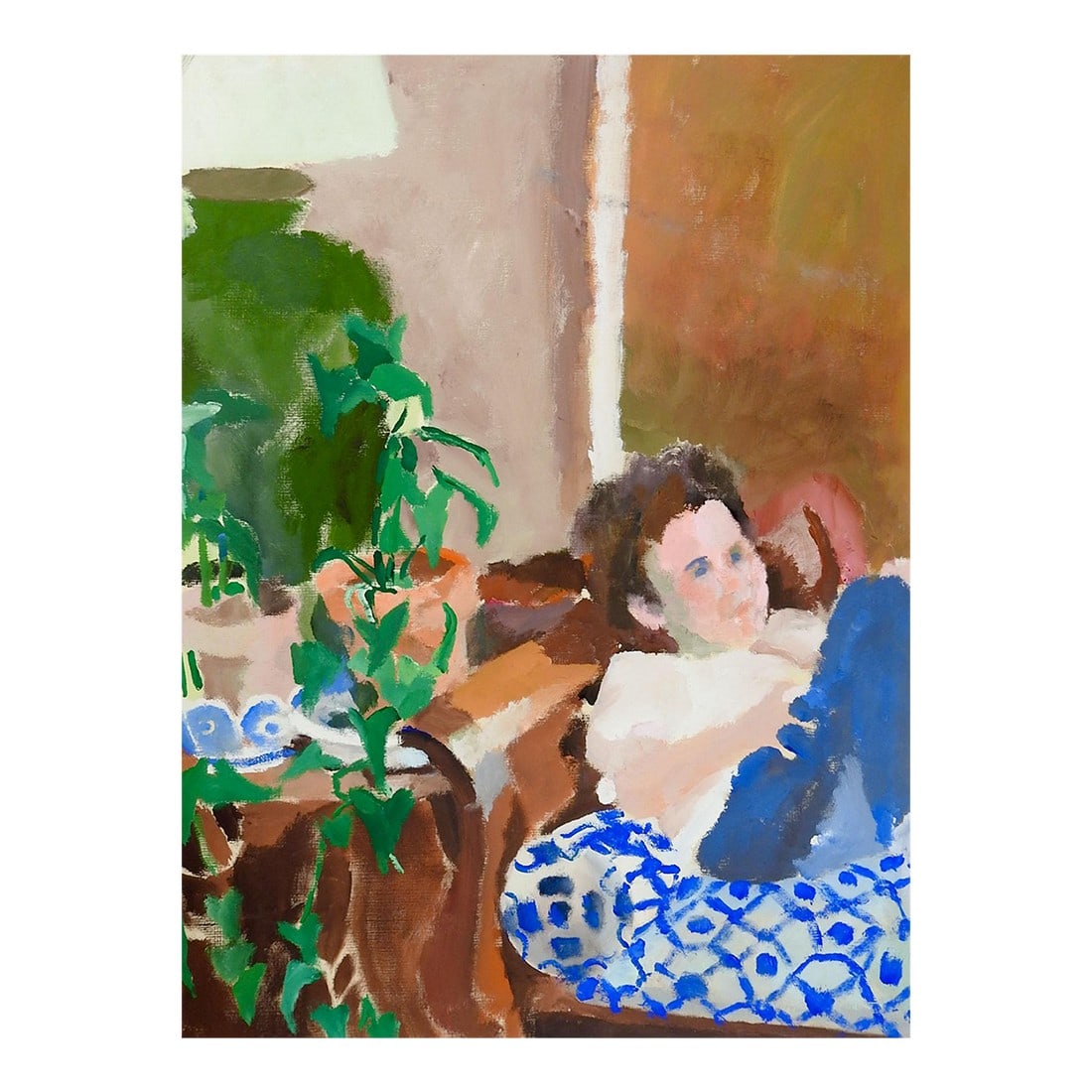 Late 20th Century Impressionist Interior and Figure Painting: Late 20th century matte medium on artist board interior view with reclining figure by Marilyn Lanfear (1930-2020) Texas. Unsigned. Unframed, directly from the artists estate, edge wear. Condition: