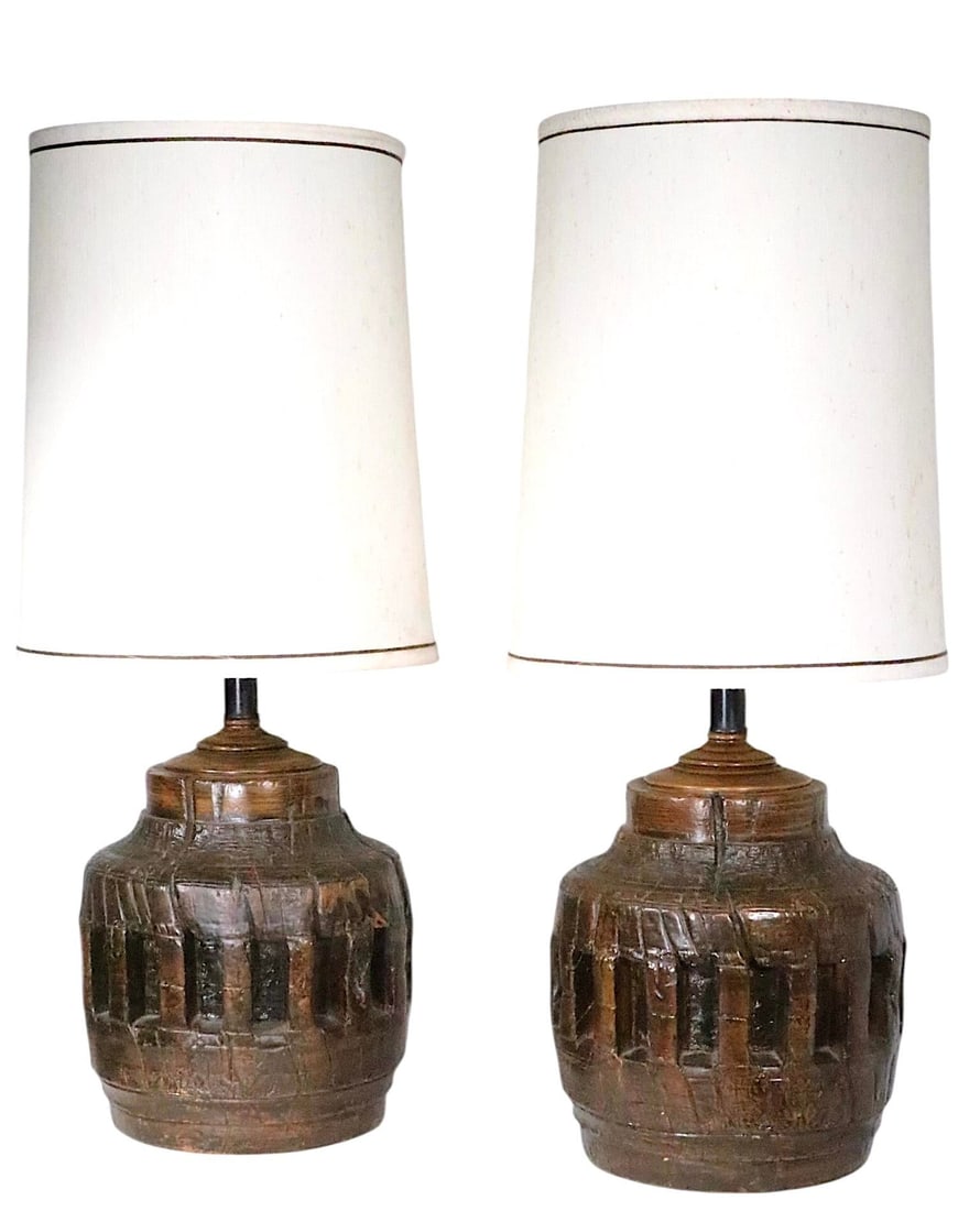 Pr. Rustic Brutalist School Wagon Wheel Table Lamps Circa 1970's - 10