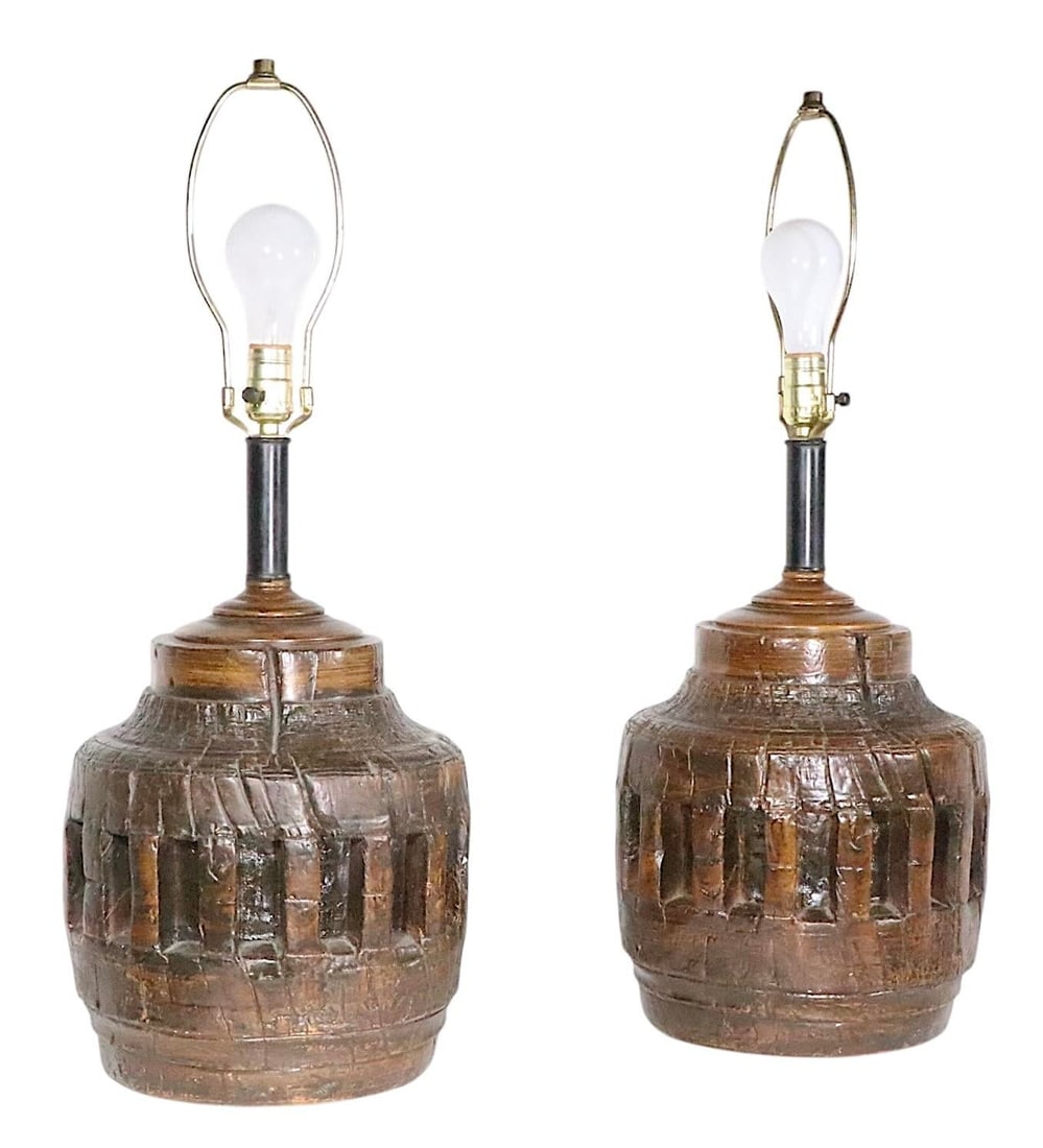 Pr. Rustic Brutalist School Wagon Wheel Table Lamps Circa 1970's - 3