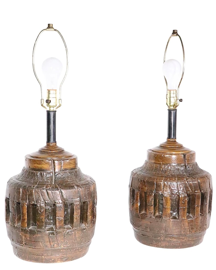 Pr. Rustic Brutalist School Wagon Wheel Table Lamps Circa 1970's - 7