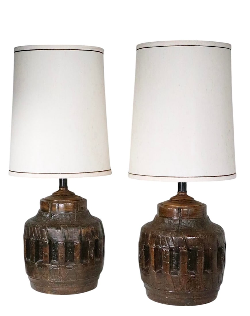 Pr. Rustic Brutalist School Wagon Wheel Table Lamps Circa 1970's - 8