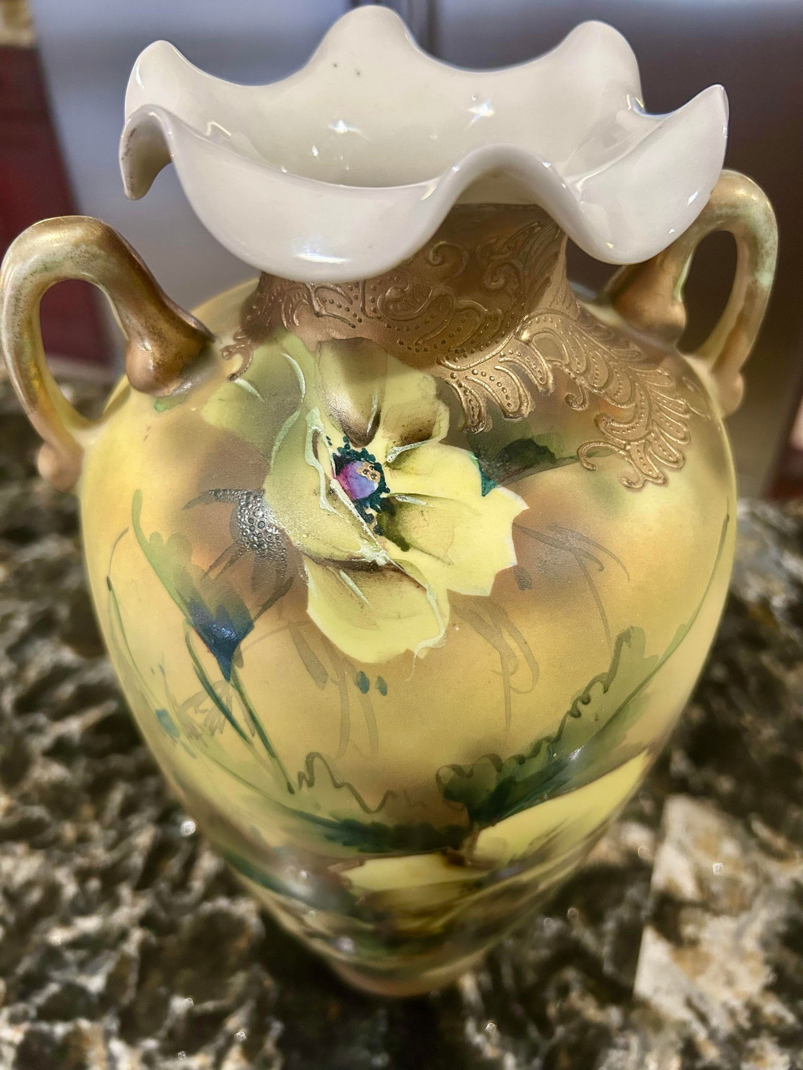 Antique, Hand-Painted, Royal Nippon Nishiki Porcelain Vase With Gilded Accents and a Ruffled Lip, Li - 11