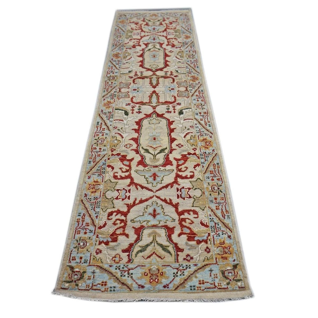 21st Century Afghan Sultanabad 3x10 Tan, Red & Light Blue Handmade Runner Rug #1144042 - 3
