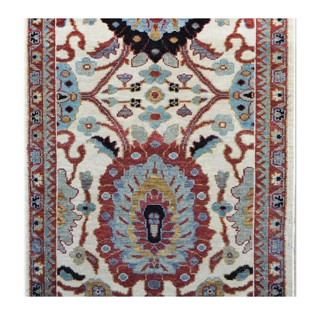 21st Century Wool Afghan Sultanabad 3x12 Ivory, Red, & Blue Handmade Runner Rug #1143660 - 11