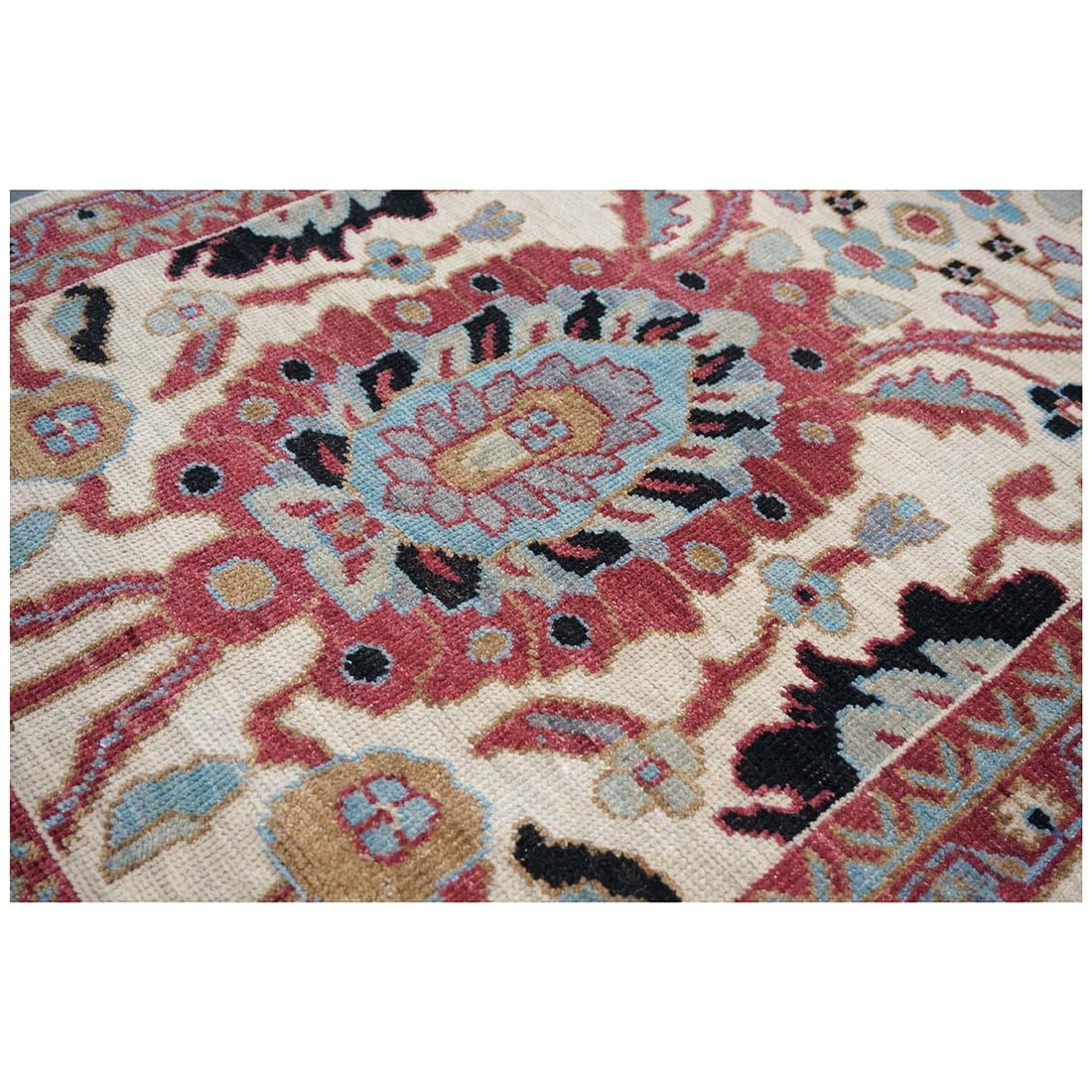 21st Century Wool Afghan Sultanabad 3x12 Ivory, Red, & Blue Handmade Runner Rug #1143660 - 12