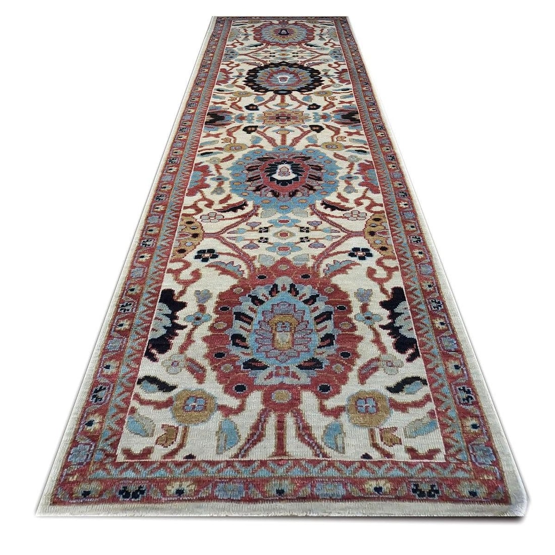 21st Century Wool Afghan Sultanabad 3x12 Ivory, Red, & Blue Handmade Runner Rug #1143660 - 2