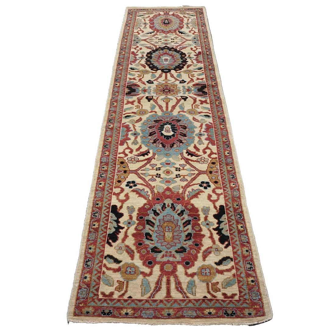 21st Century Wool Afghan Sultanabad 3x12 Ivory, Red, & Blue Handmade Runner Rug #1143660 - 3