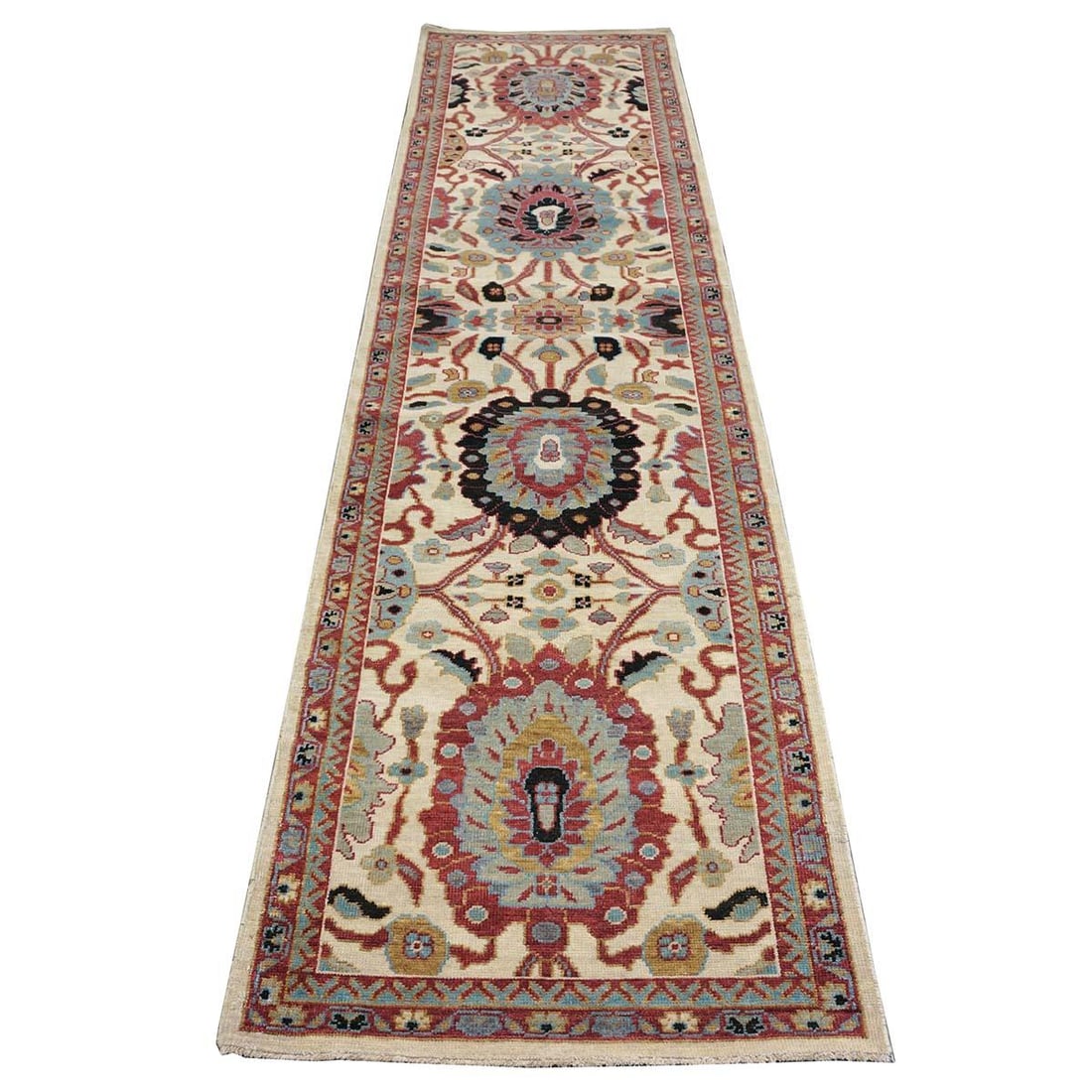 21st Century Afghan Sultanabad 3x12 Ivory, Red, & Blue Handmade Runner Rug #1143661 - 2