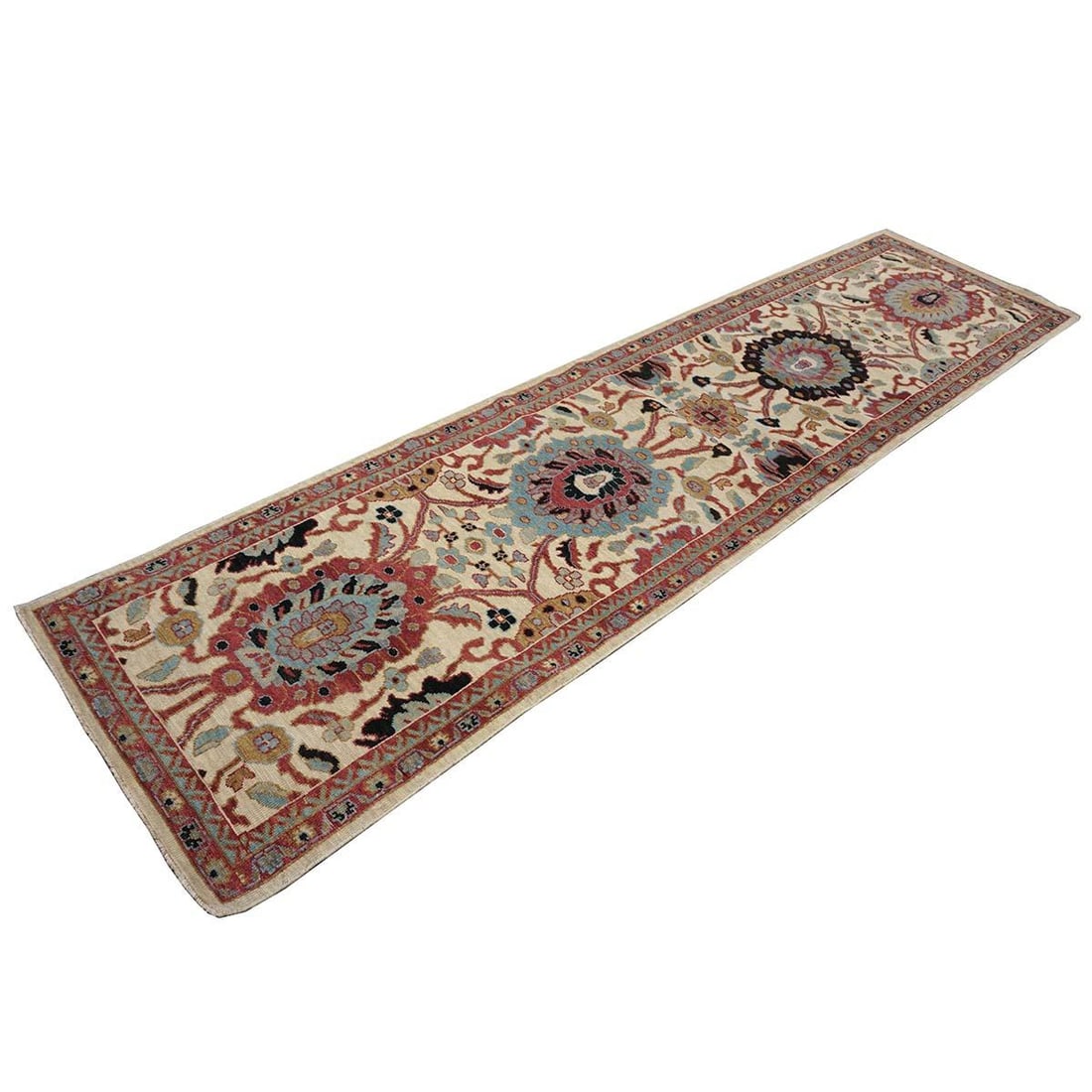 21st Century Afghan Sultanabad 3x12 Ivory, Red, & Blue Handmade Runner Rug #1143661 - 5
