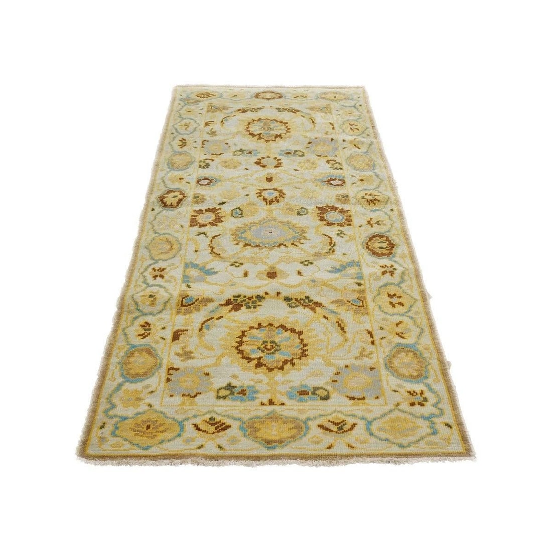 21st Century Afghan Sultanabad Wool 3x6 Ivory, Light Blue & Gold Handmade Runner Rug #1143914 - 2