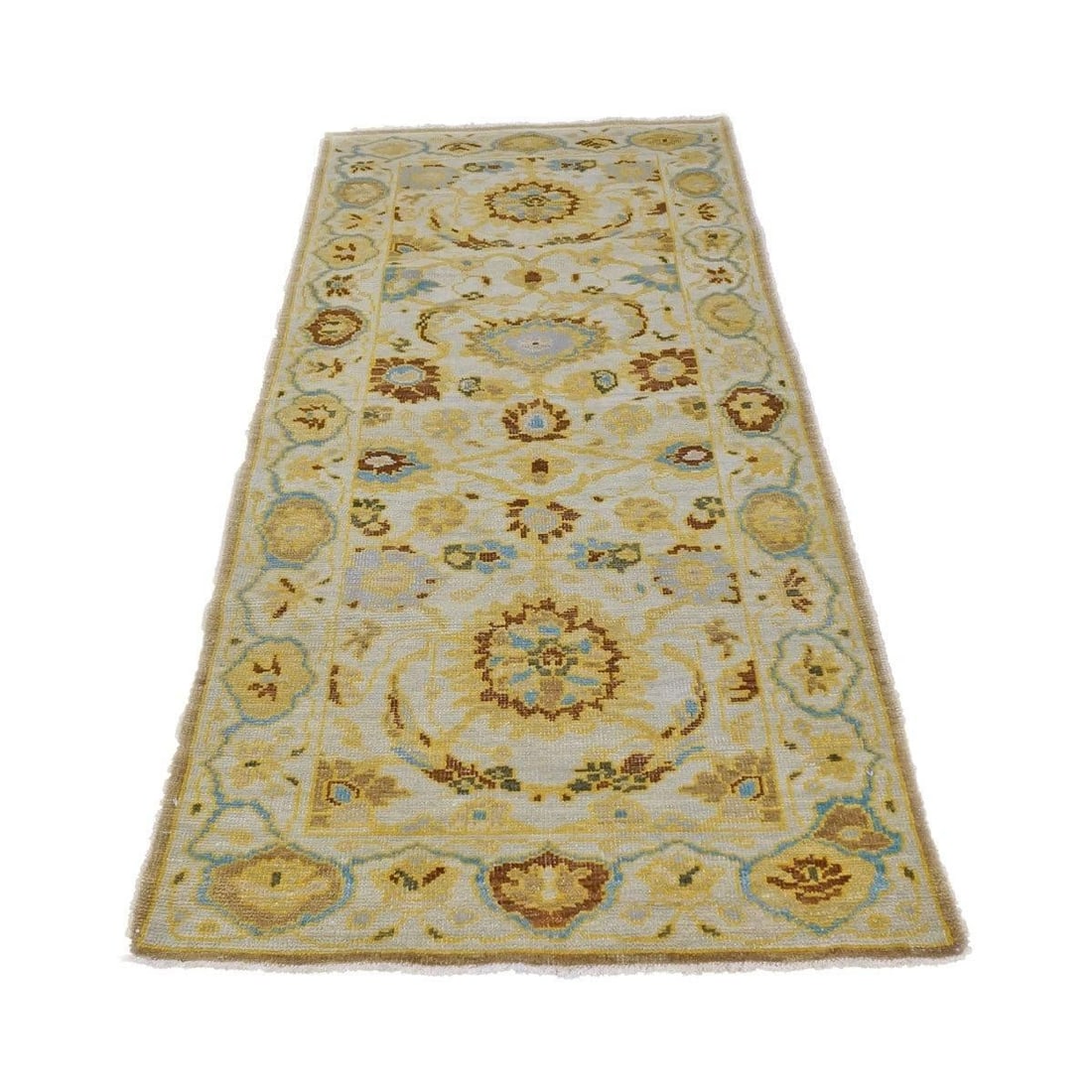 21st Century Afghan Sultanabad Wool 3x6 Ivory, Light Blue & Gold Handmade Runner Rug #1143914 - 3