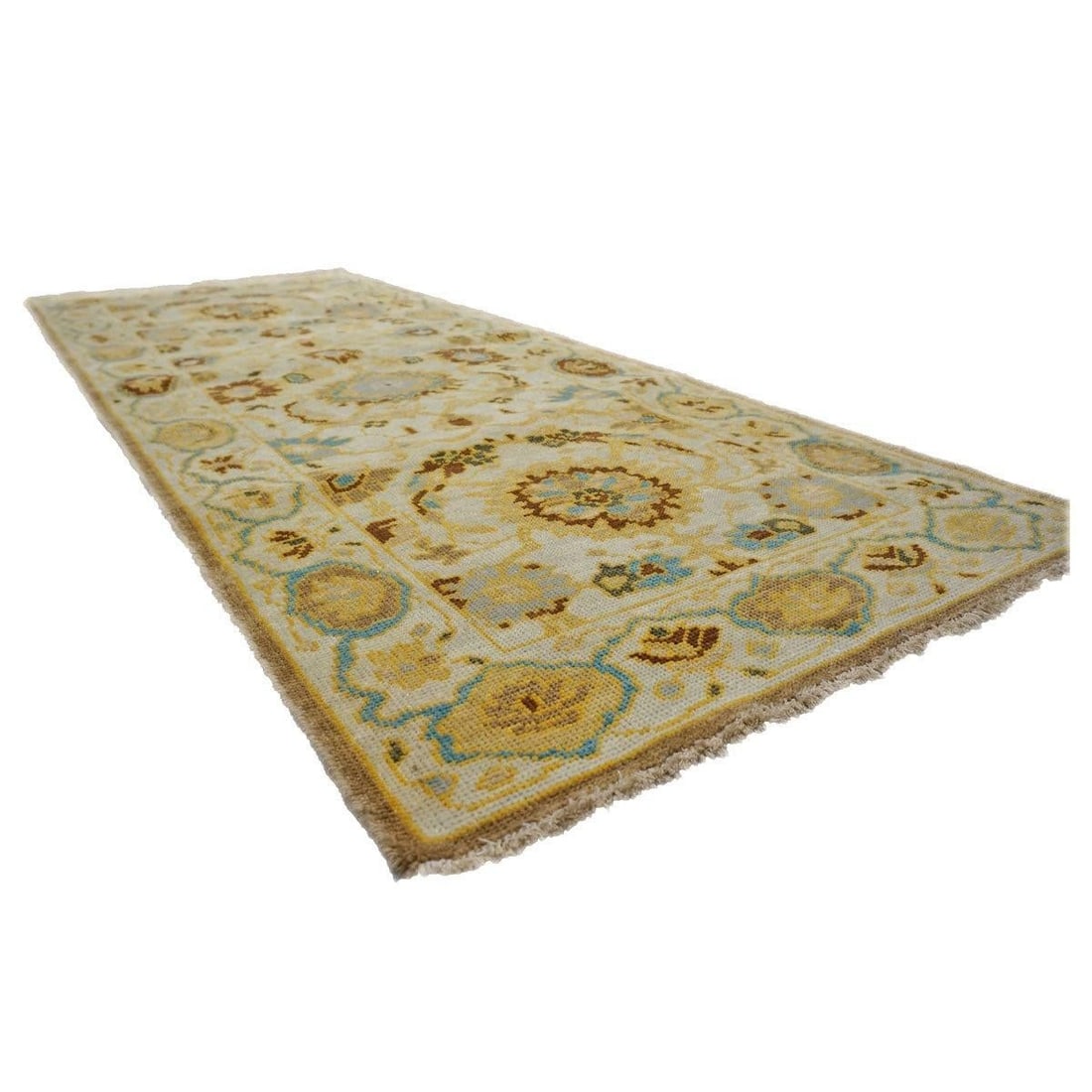 21st Century Afghan Sultanabad Wool 3x6 Ivory, Light Blue & Gold Handmade Runner Rug #1143914 - 4