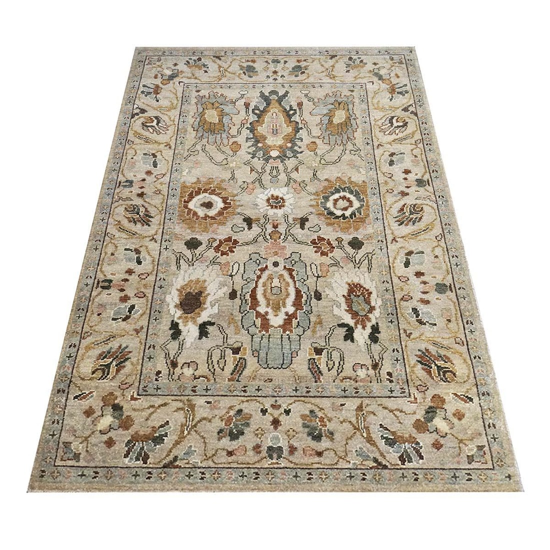 21st Century Afghan Sultanabad Wool 4x6 Ivory, Gray & Tan Handmade Area Rug #1143757 - 2