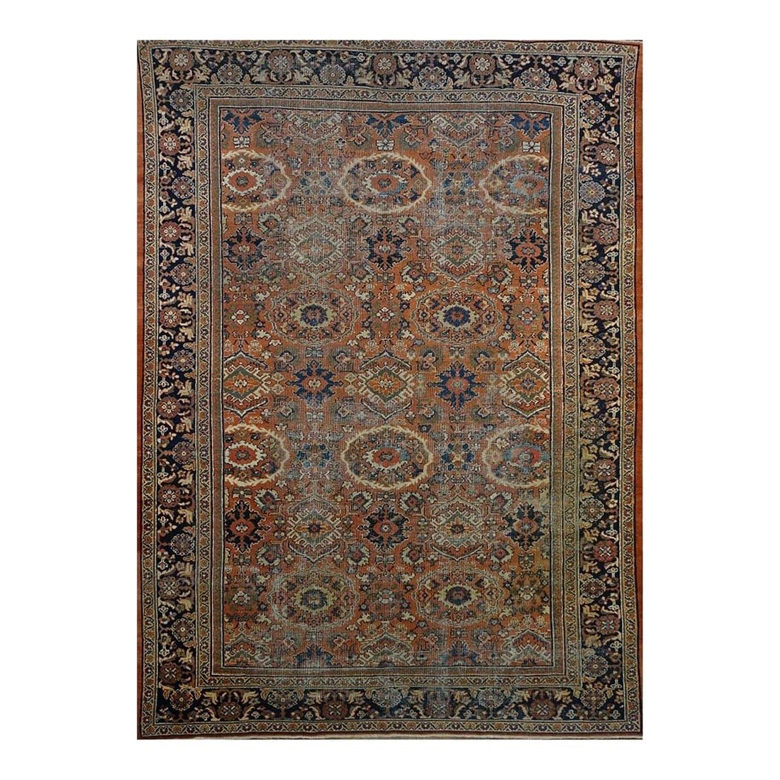 Antique Afghan Sultanabad Masters Wool 8 x 12 Navy, Orange, Red & Ivory Handmade Area Rug #1142130: Antique Afghan Sultanabad Masters Wool 8 x 12 Navy, Orange, Red & Ivory Handmade Area Rug #1142130 Condition: Alterations: Original Condition Unaltered Imperfections: Some Imperfections Condition