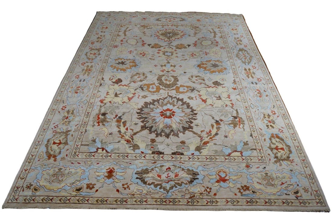 Afghan Sultanabad Bamboo & Silk 9x12 Ivory, Gray, Light Blue & Red Handmade Area Rug #1143487 - 3