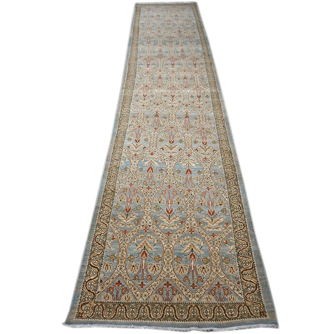21st Century Persian Tabriz 3x15 Blue & Ivory Handmade Runner Rug #1142901 - 3